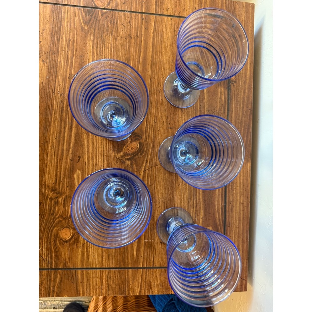 Set of 5 Libby Sirrus Blue Ribbed Glass Goblets Footed Water Wine Glasses 7in - Picture 3 of 5
